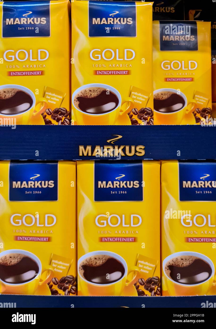 Kiel,Germany - 20 August 2022: Numerous packages of Markus brand coffee on a supermarket shelf. Stock Photo