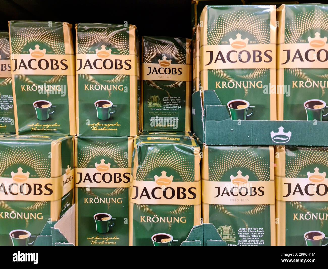 Kiel,Germany - 20 August 2022: Numerous packages of Jacobs brand coffee on a supermarket shelf Stock Photo