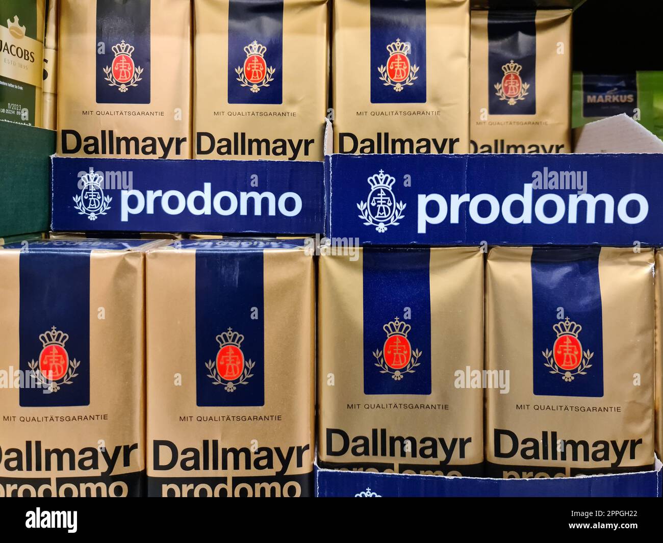 Kiel,Germany - 20 August 2022: Numerous packages of Dallmayr brand coffee on a supermarket shelf. Stock Photo