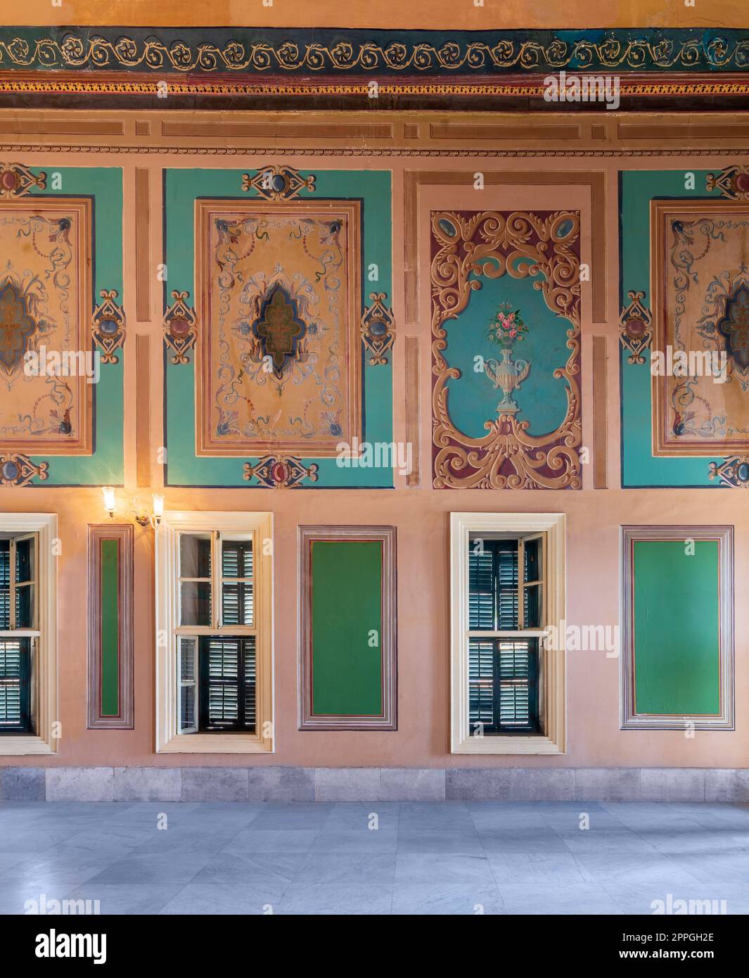 Wall at royal era historic Manasterly Palace with carved frames, Cairo, Egypt Stock Photo