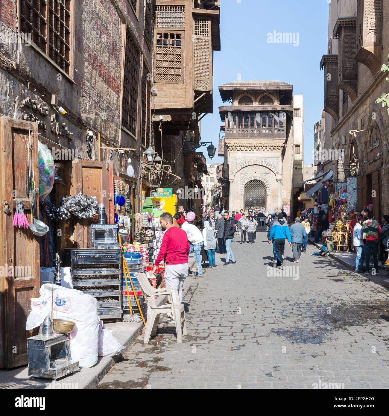 Moez Street with Sabil-Kuttab of Katkhuda historic building at the far end, Cairo, Egypt Stock Photo