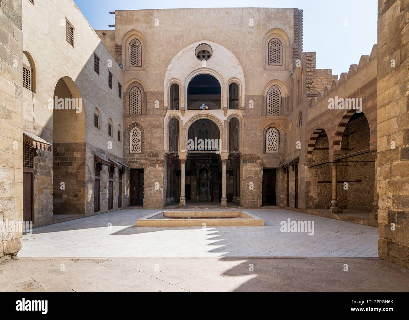 Main Iwan at courtyard of public historic mosque of Sultan Qalawun, Moez Street, Cairo, Egypt Stock Photo