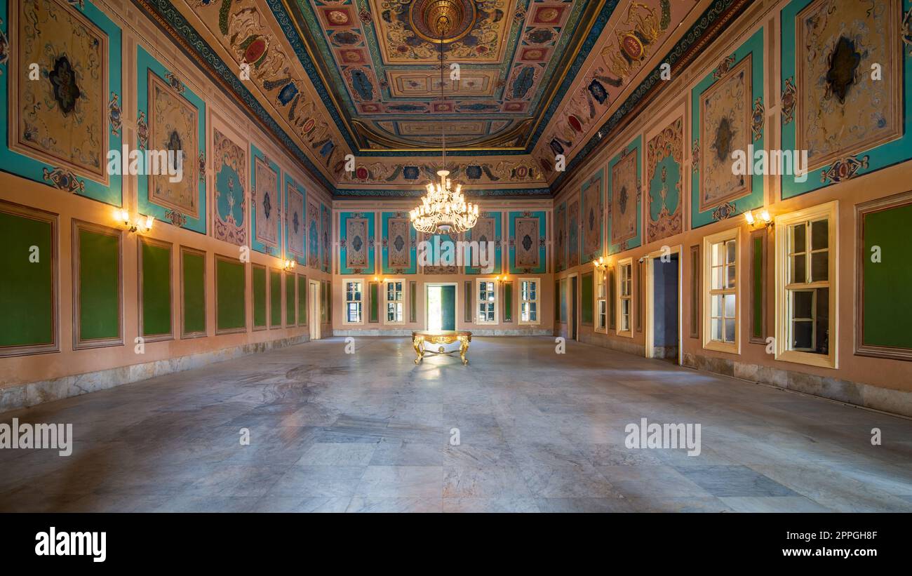 Royal era historic Manasterly Palace with decorated ceiling abd big chandelier, Cairo, Egypt Stock Photo