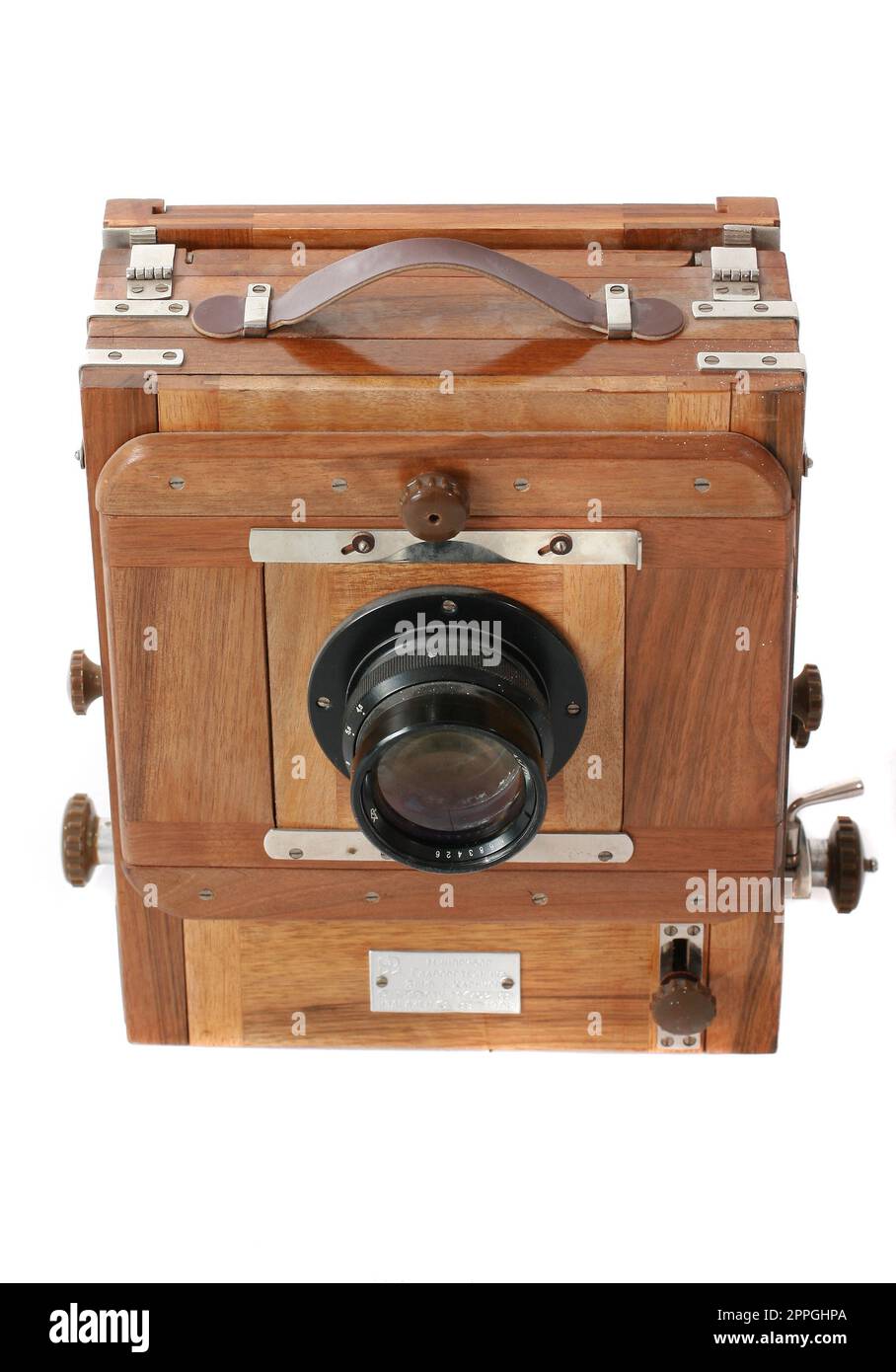 Old antique vintage black camera the 19th century isolated on white background with cliping path. Russia. Stock Photo