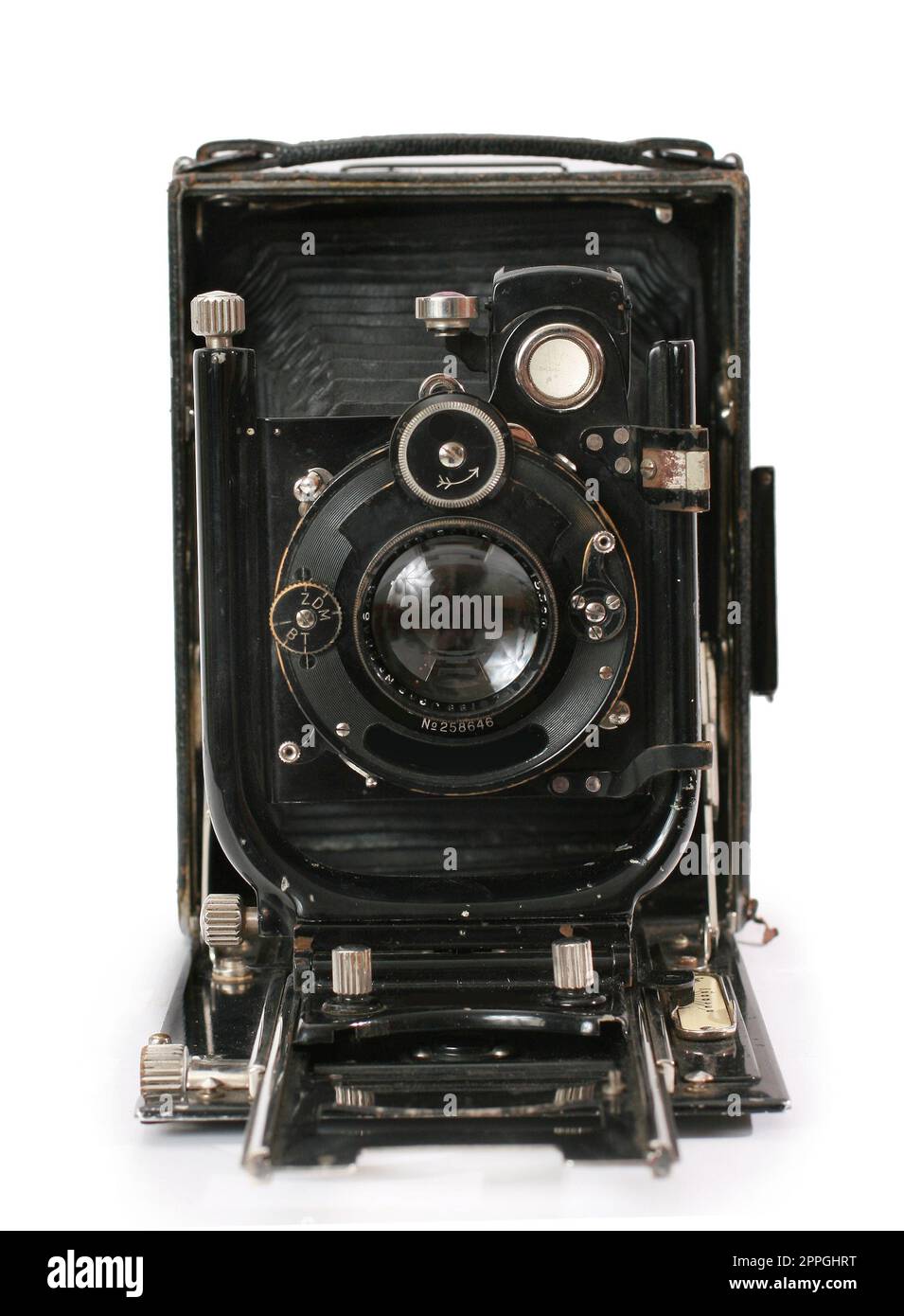 Old antique vintage black camera the 19th century isolated on white background with cliping path. Russia. Stock Photo