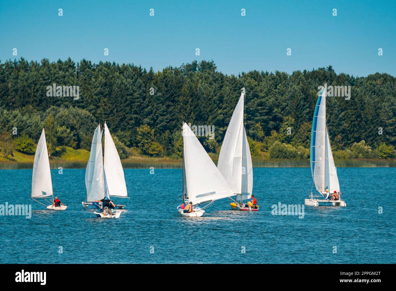 Lots of white boats sailing on the lake Stock Photo
