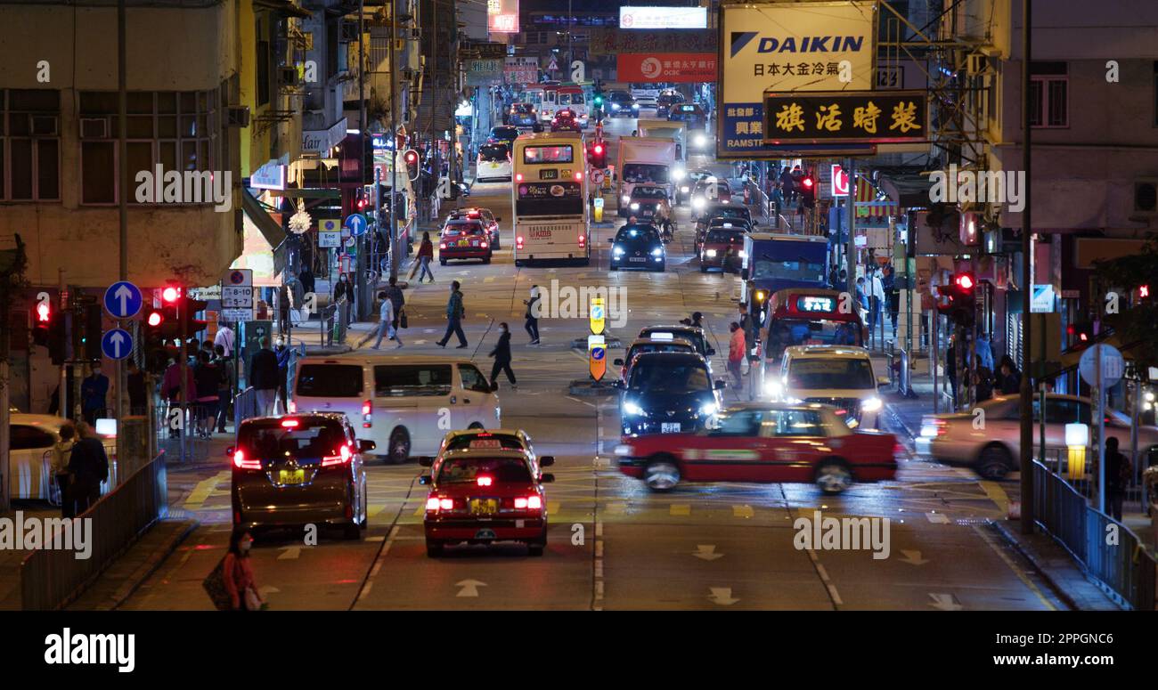 Kowloon city, Hong Kong 22 January 2021: Hong Kong city street at night Stock Photo