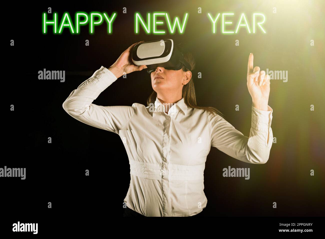 Conceptual caption Happy New Year. Internet Concept Greeting Celebrating Holiday Fresh Start Best wishes Woman Holding Tablet Presenting Digital Navigation Pin And Loading S. Stock Photo