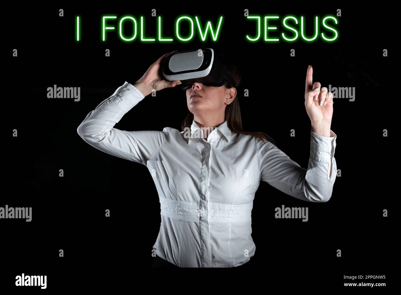 Conceptual caption I Follow Jesus. Business overview Religious person with lot of faith Love for God Spirituality Woman Holding Tablet Presenting Digital Navigation Pin And Loading S. Stock Photo