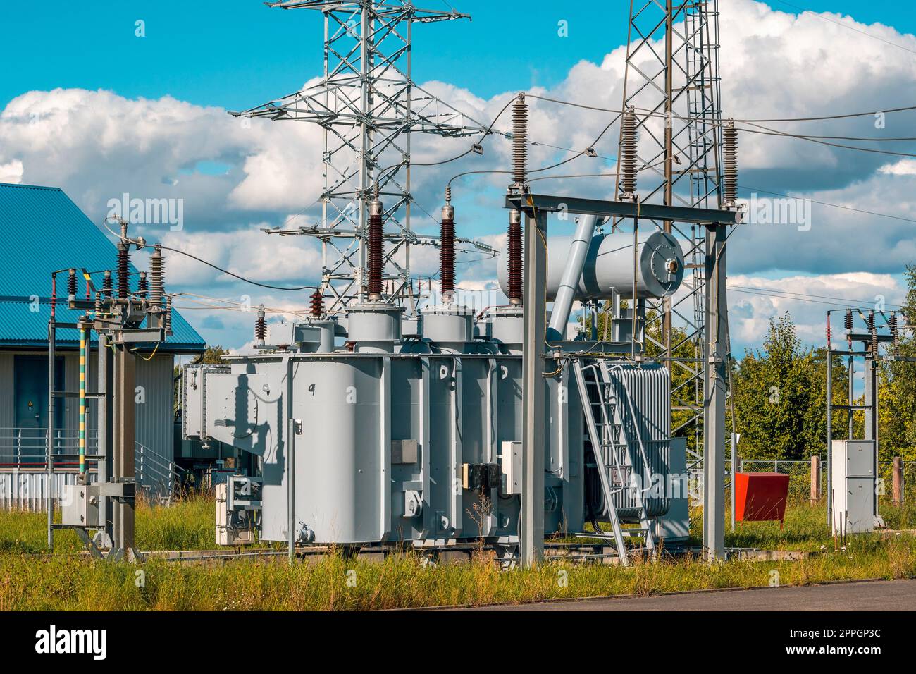 Maintenance Power Transformer in High Voltage Electrical Substation Stock Photo
