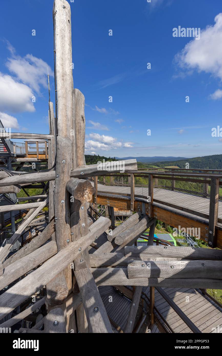 Top of wooden observation tower located at the top of the Slotwiny Arena ski station, leading in the treetops, Krynica Zdroj, Beskid Mountains, Slotwiny, Poland Stock Photo