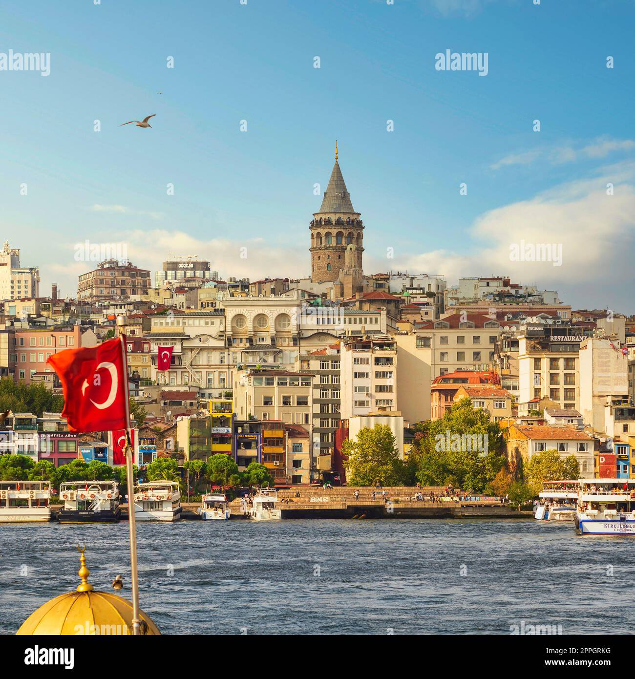 Istanbul city view, from the sea with Galata Tower in the far end, before sunset, Turkey Stock Photo