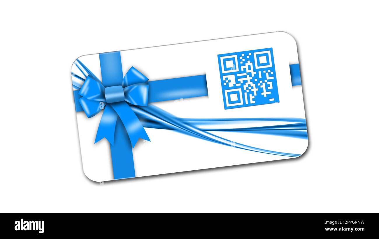 QR code on voucher card with blue ribbon and bow isolated on white background with shadow minimal concept Stock Photo