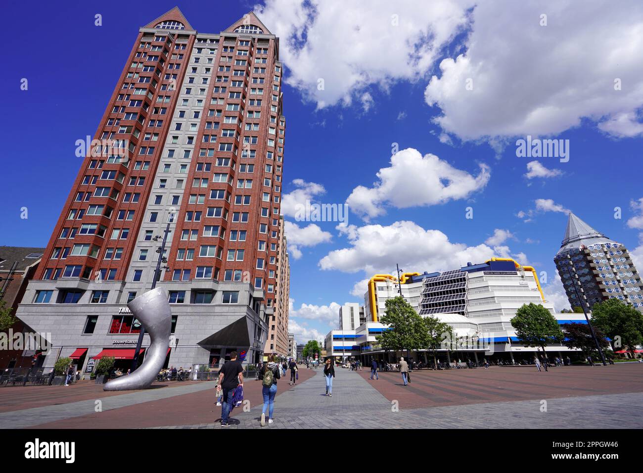ROTTERDAM, NETHERLANDS - JUNE 9, 2022: Rotterdam cityscape with De Statendam building, Centrale Library Rotterdam and Blaak tower, Netherlands Stock Photo