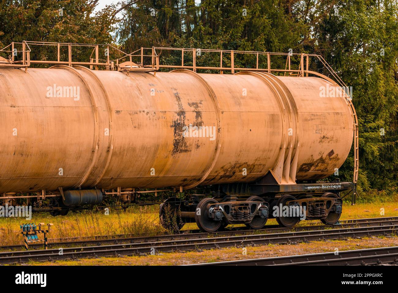 Last tank with oil of the departing train Stock Photo