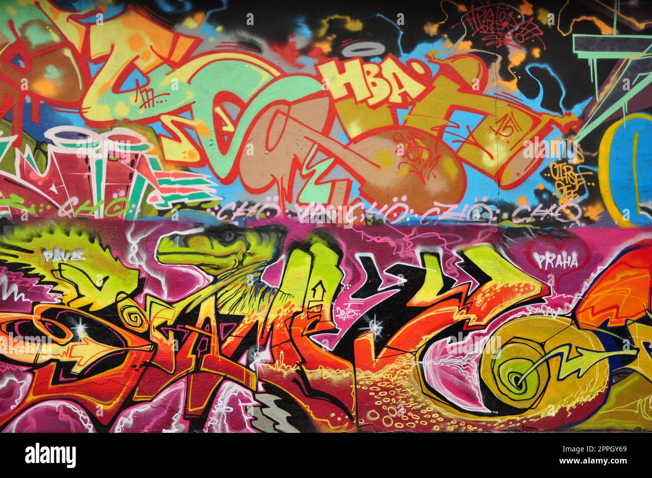 Closeup shot of a legal public graffiti wall on Tesnov Street in Prague