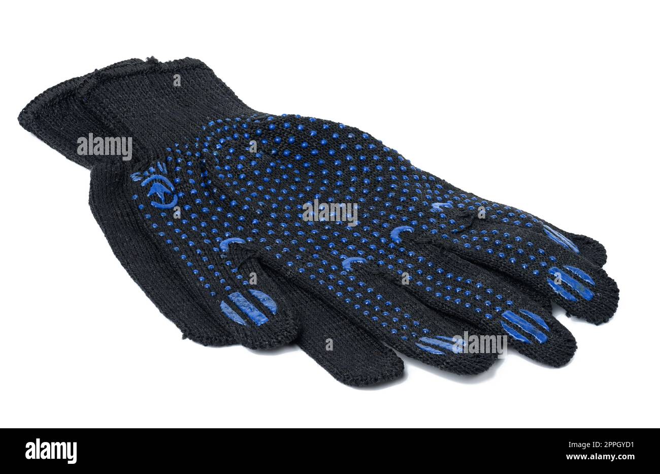 Textile black work gloves on a white background. Protective clothing for manual workers Stock Photo