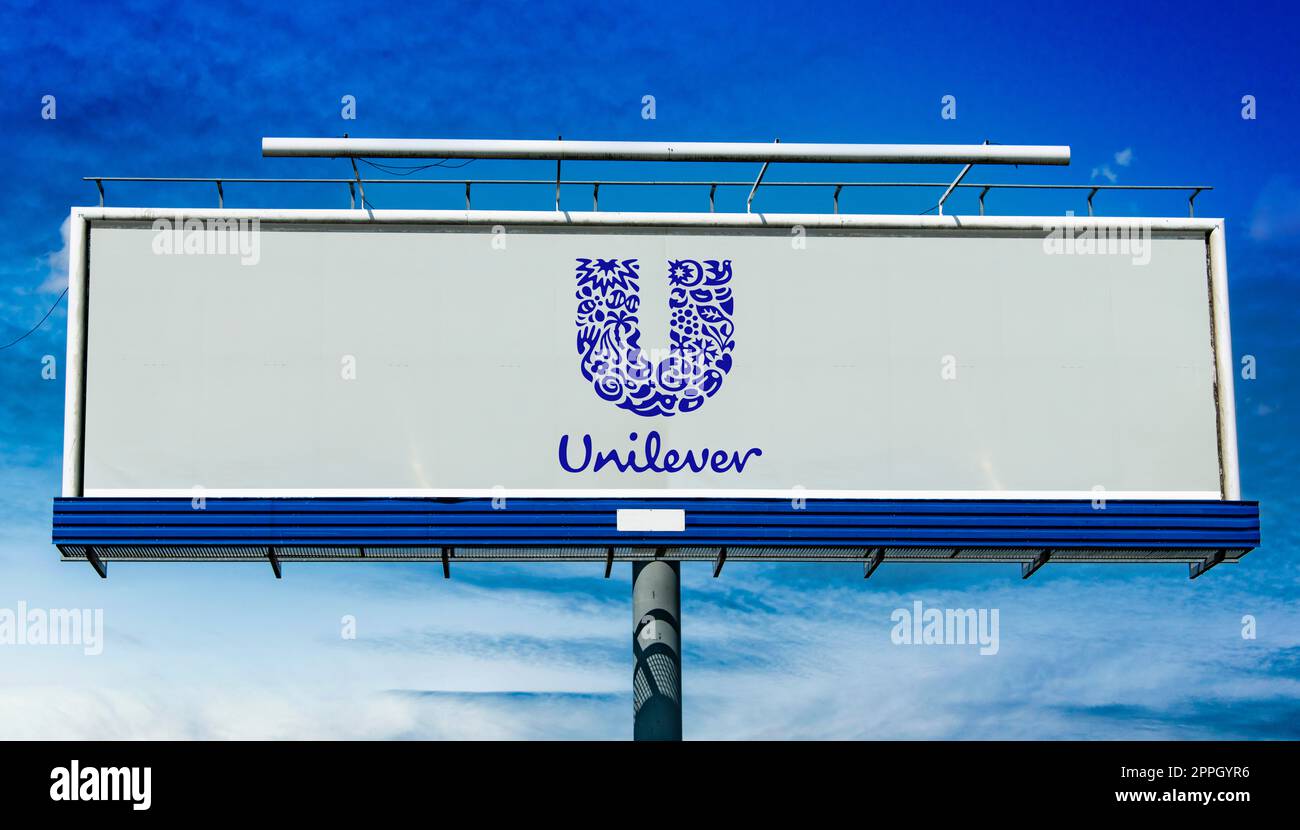 Advertisement billboard displaying logo of Unilever Stock Photo Alamy