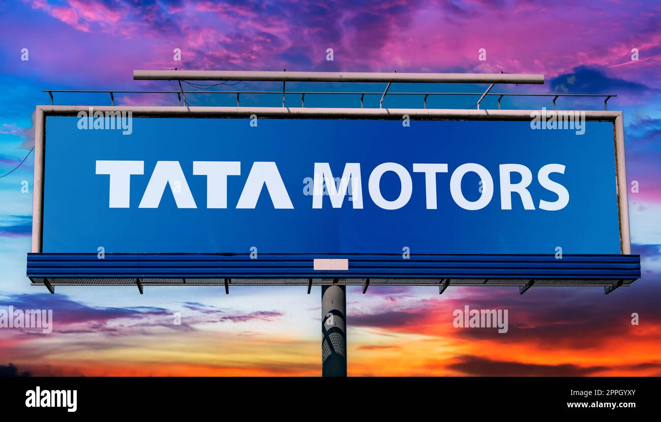 Advertisement billboard displaying logo of Tata Motors Stock Photo