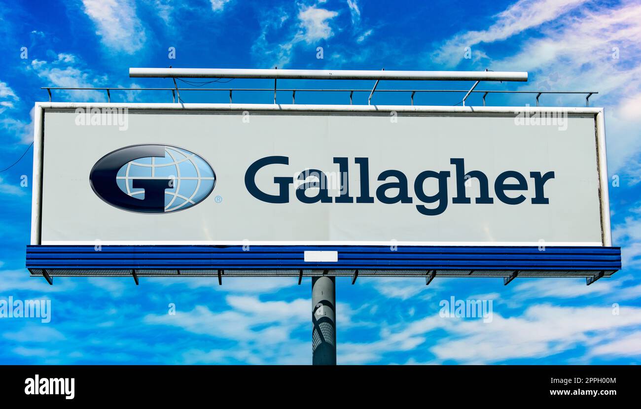 Advertisement billboard displaying logo of Arthur J. Gallagher Stock Photo