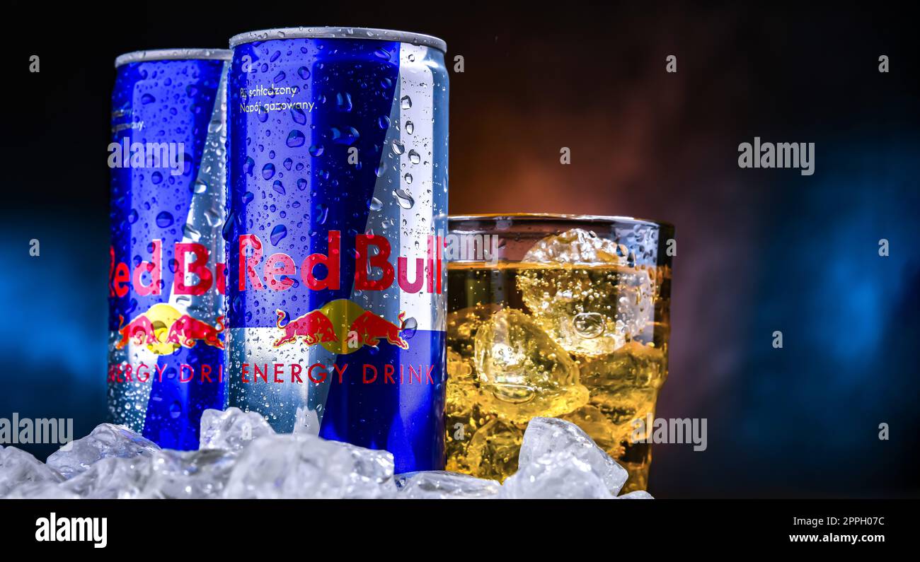 POZNAN, POL NOV 25, 2022 Cans of Red Bull, an energy drink sold by