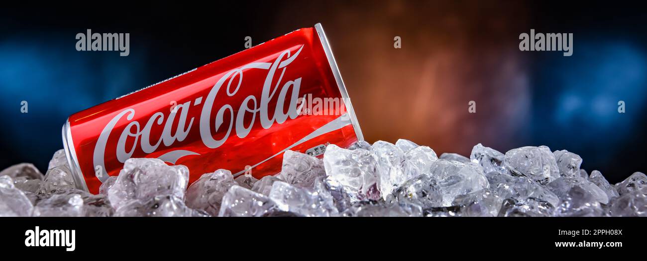 Can of Coca-Cola in crushed ice Stock Photo