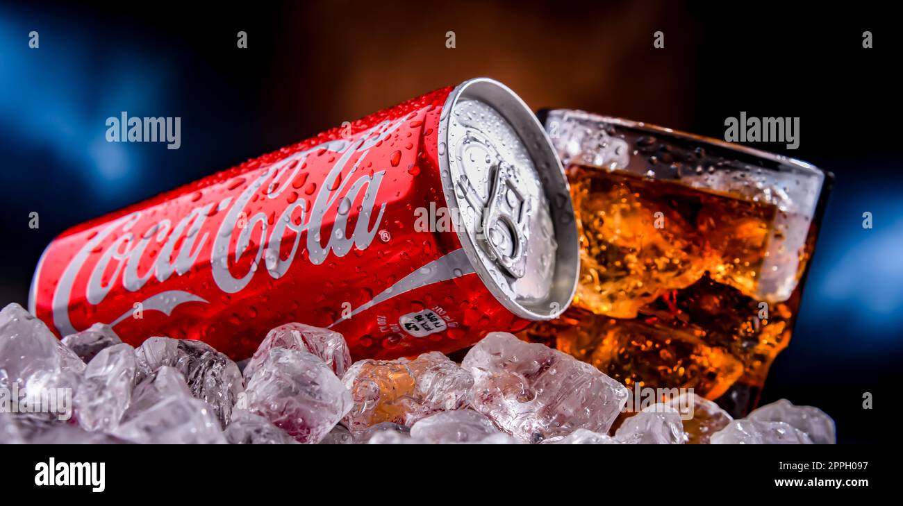 Can of Coca-Cola in crushed ice Stock Photo