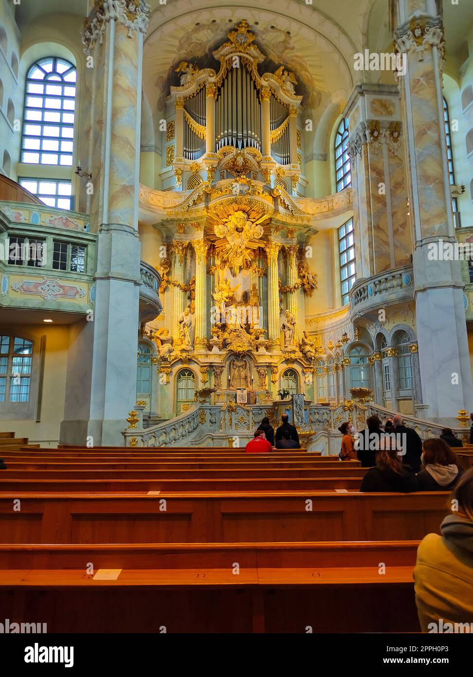 Pipe organ of Frauenkirche Lutheran church in Dresden city, Germany. Stock Photo