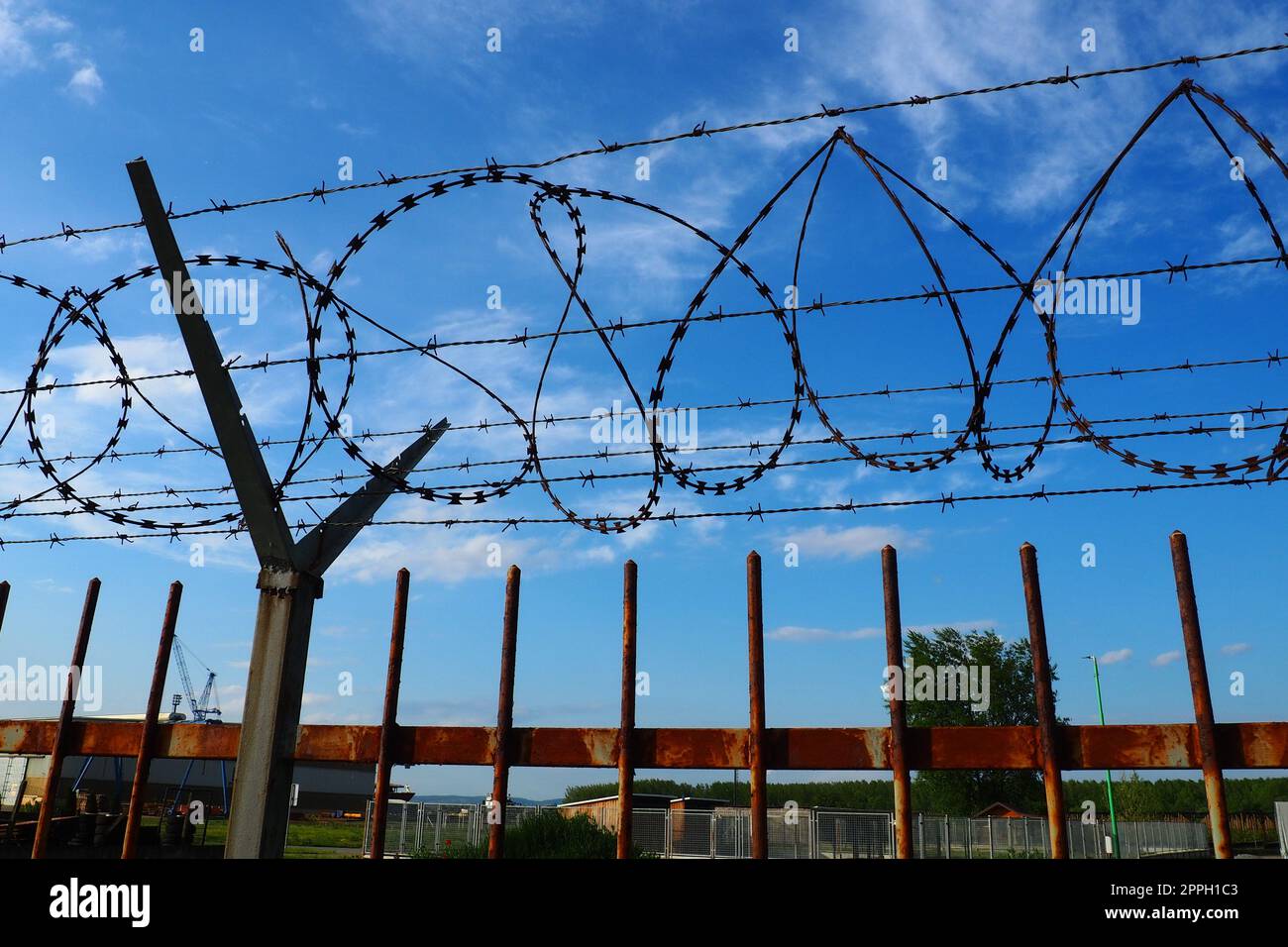 Barbed wire against the blue sky. Barbed wire is a wire or a narrow strip of metal with sharp spikes. Device of barriers. The concept of freedom, protection of property, violence, imprisonment Stock Photo
