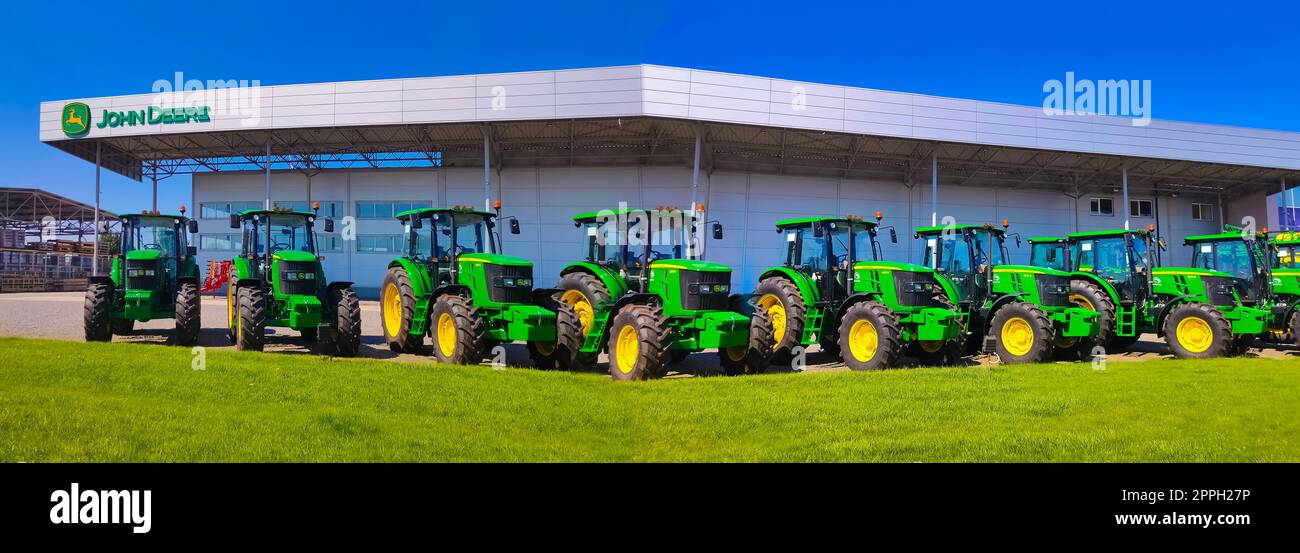 Kyiv, Ukraine - August 24, 2020: The Powerful tractors at John Deer store at Kyiv, Ukraine Stock Photo