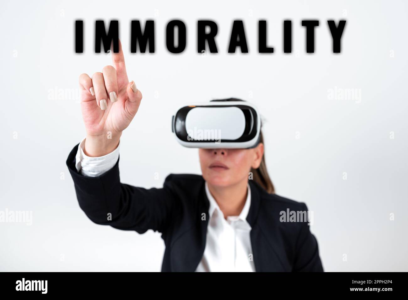 Conceptual caption Immorality. Business approach the state or quality of being immoral, wickedness Stock Photo