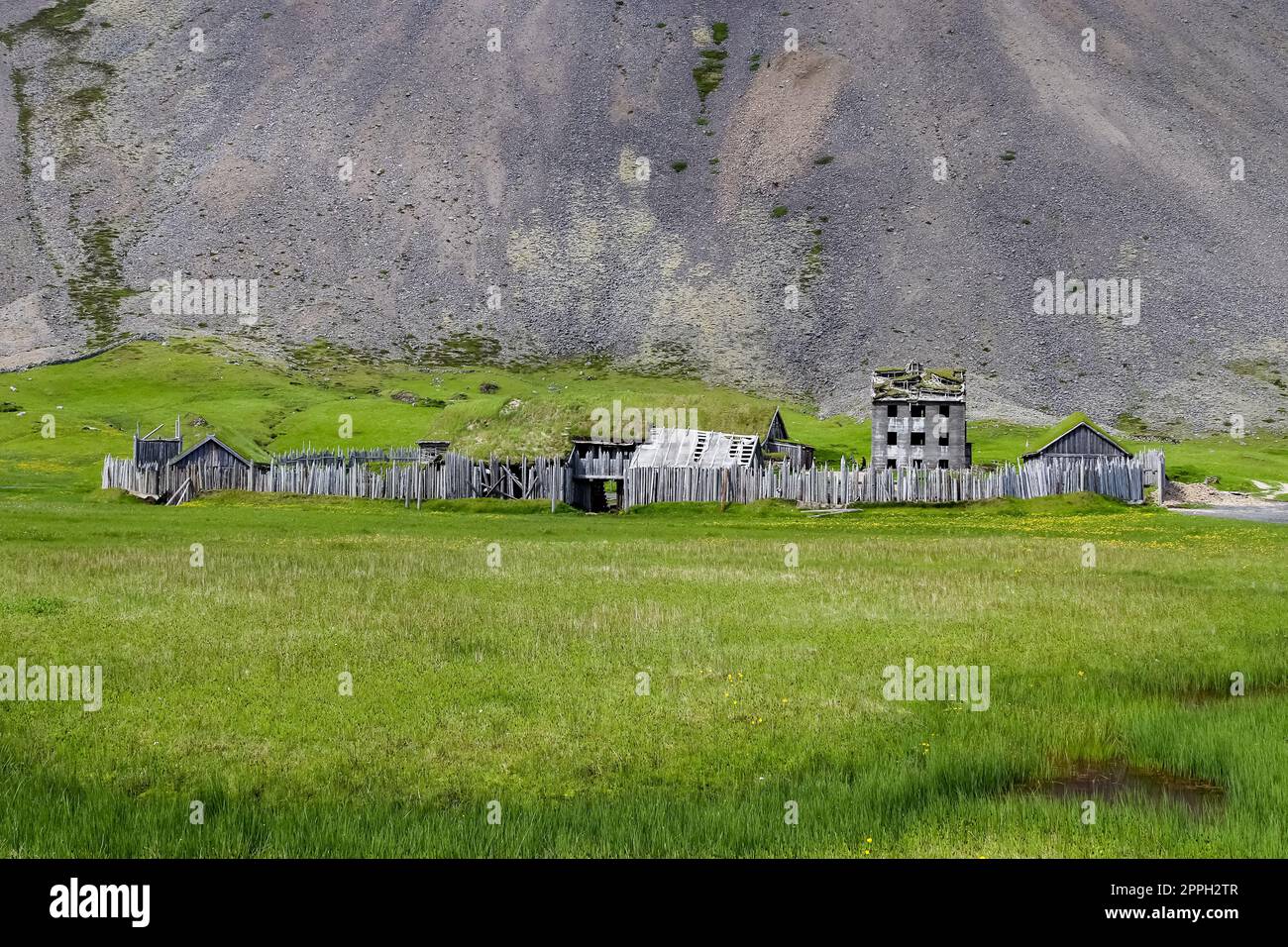 Hafnarfjoerdur, Iceland - 10 September 2022: The Viking village in front of Mount Vestrahorn in good weather. Stock Photo