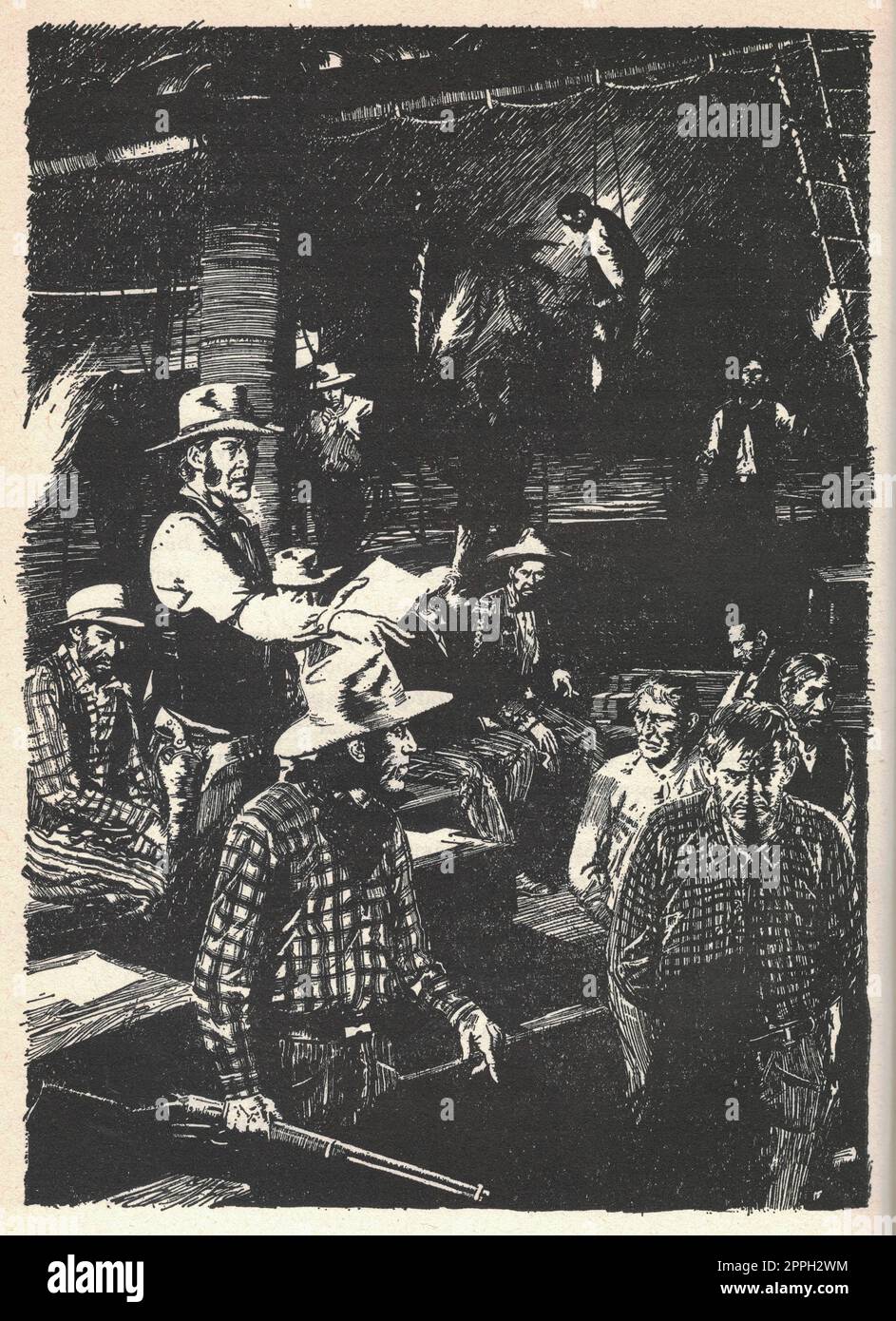 Trial in the Wild West. The sheriff and the man on trial. Old black and white illustration. Vintage drawing. Illustration by Zdenek Burian. Stock Photo