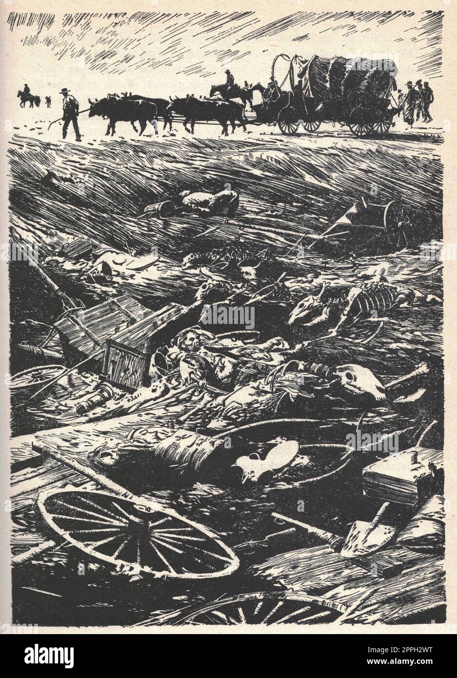 The caravan drives past the dead bodies.. Old black and white illustration. Vintage drawing. Illustration by Zdenek Burian. Stock Photo