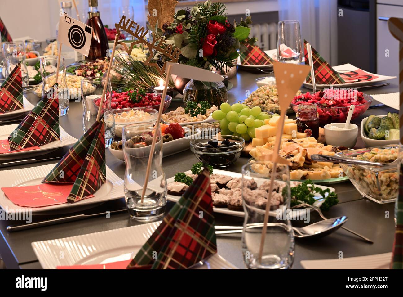table festively decorated for christmas Stock Photo