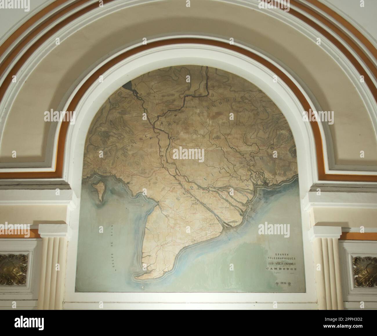 Map of telegraph lines of Vietnam and Cambodia in 1936, painted on a wall at the Central Post Office of Saigon, Vietnam (Ho Chi Minh City) Stock Photo