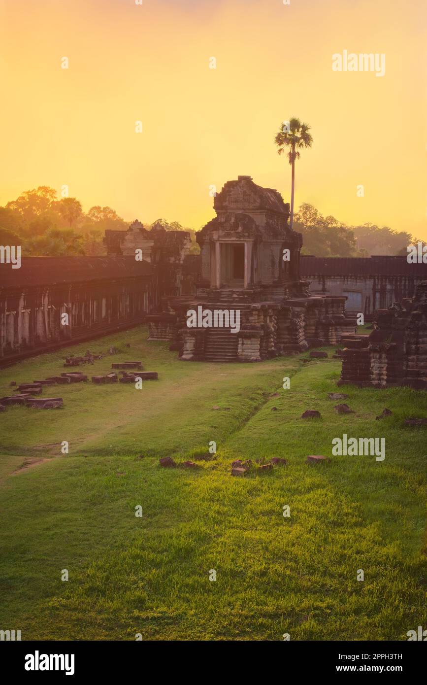 Angkor Wat temple at sunset. Elevated view of the inner western courtyard and the southwest shrine. Stock Photo