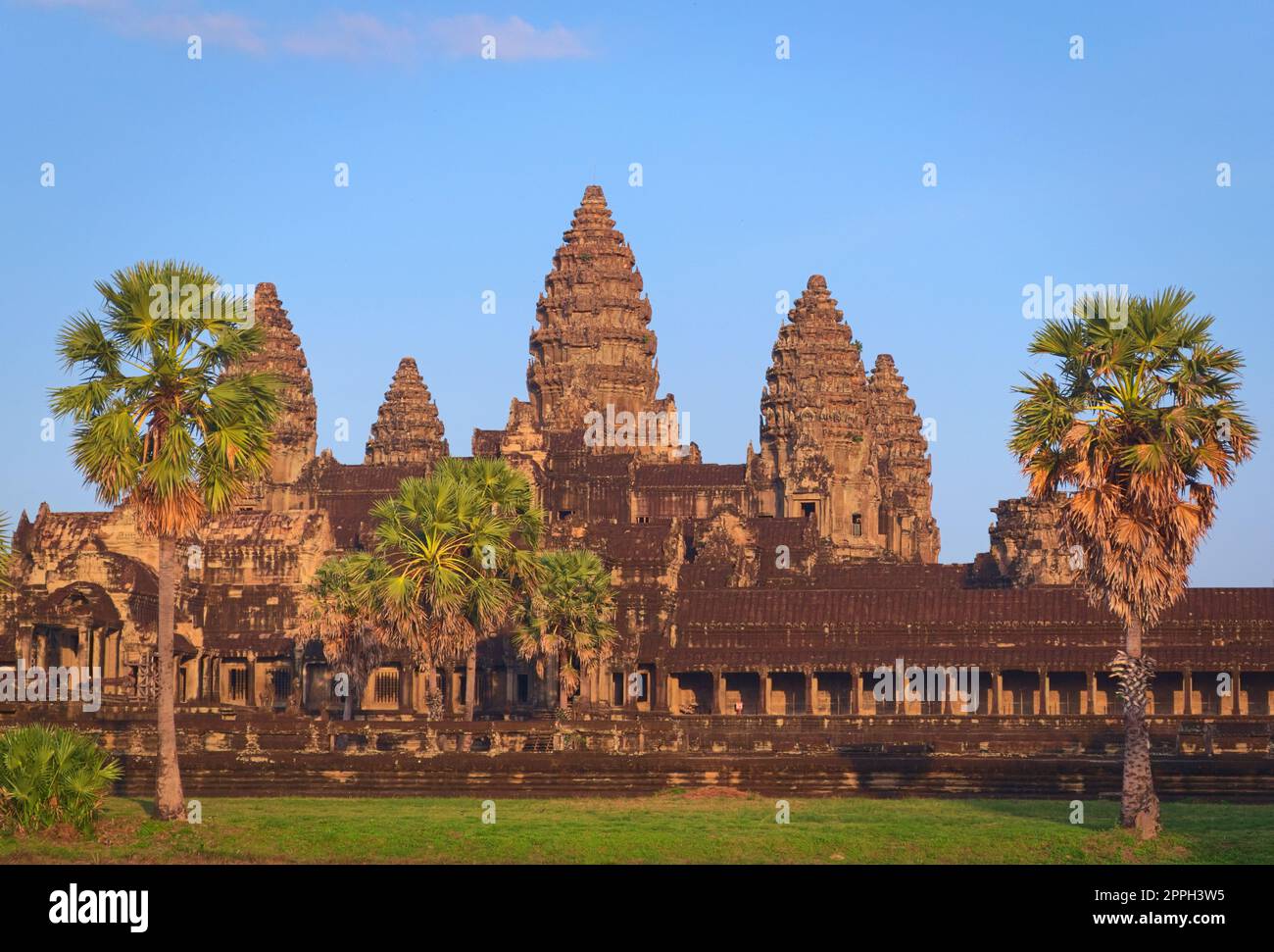 Angkor Wat, in Cambodia. Front general view of western facade at sunset. Stock Photo