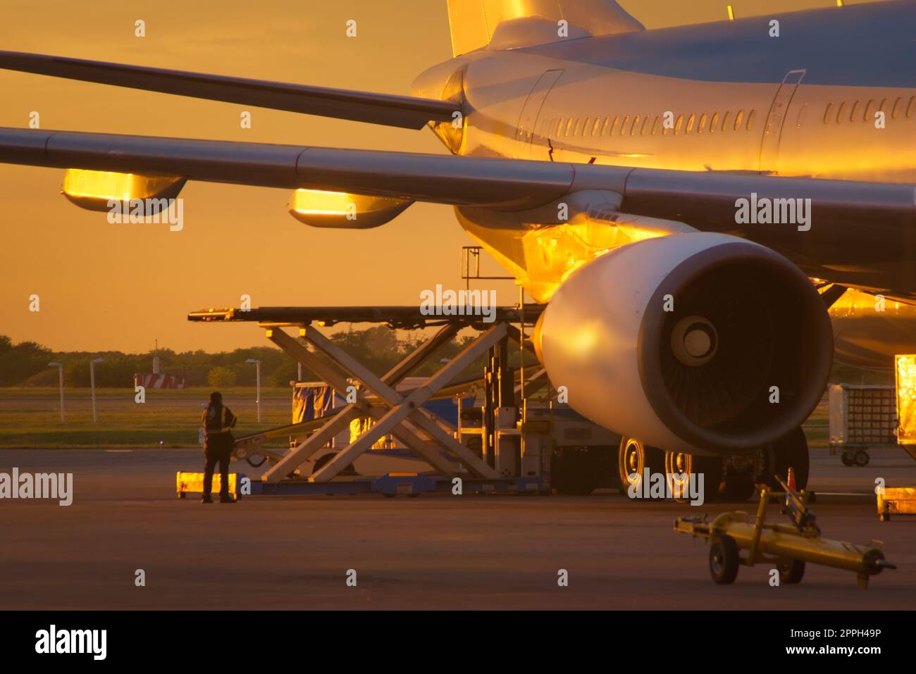 Airport ground crew loading cargo and luggage on a commercial aircraft at dawn Stock Photo Alamy