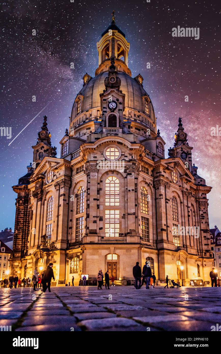Beautiful low angle photo of Frauenkirche Lutheran church in Dresden, Germany under night sky Stock Photo