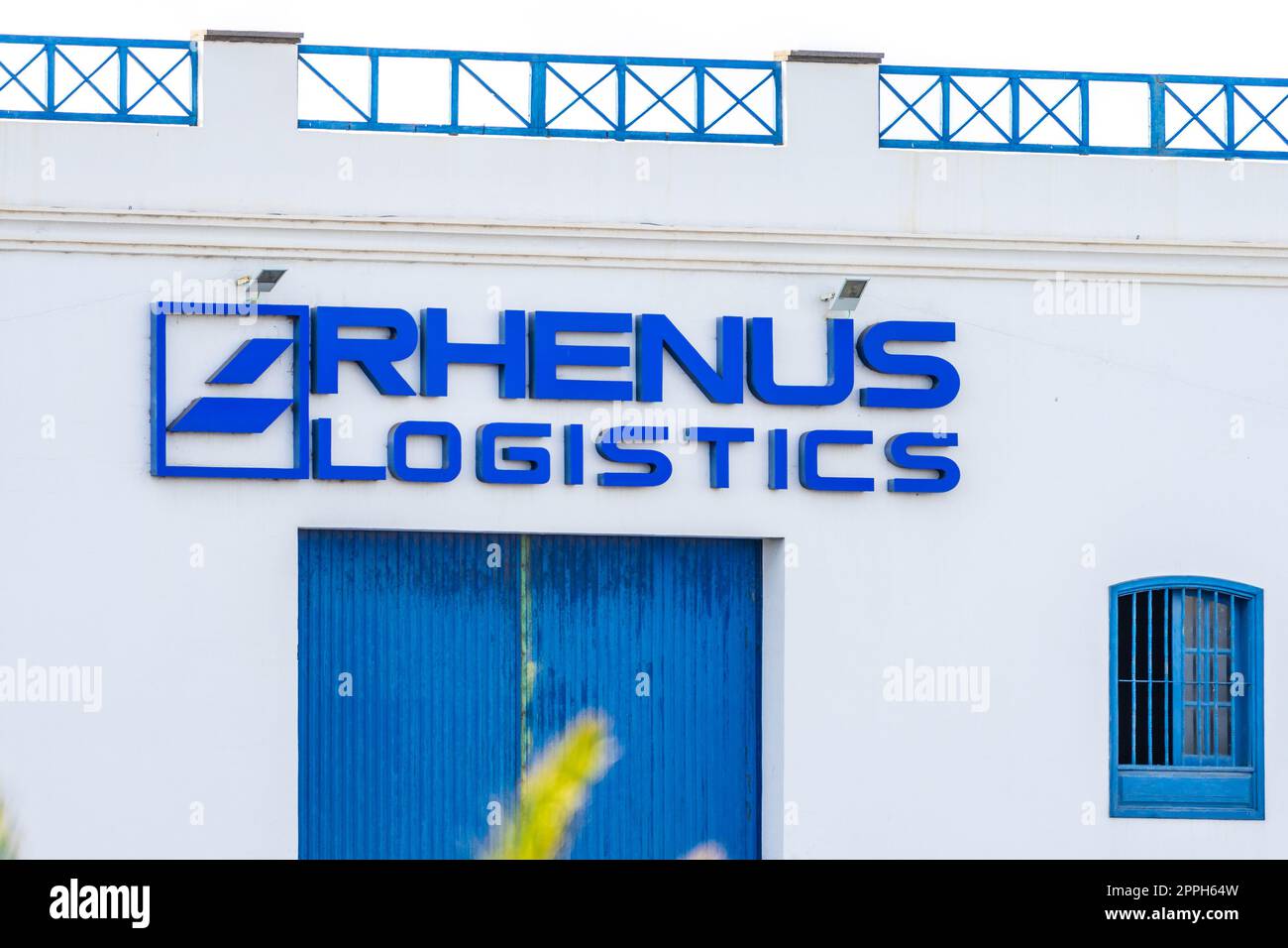 ARRECIFE, LANZAROTE, CANARY ISLANDS - JULY 17, 2022: Rhenus Logistics sign. The Rhenus Group is a German logistics company with operations in Europe, Asia and South America. Stock Photo