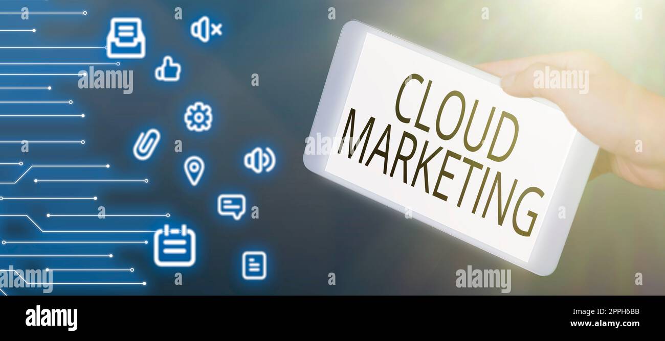 Conceptual caption Cloud MarketingThe process of an organisation to market their services. Word Written on The process of an organisation to market their services Stock Photo