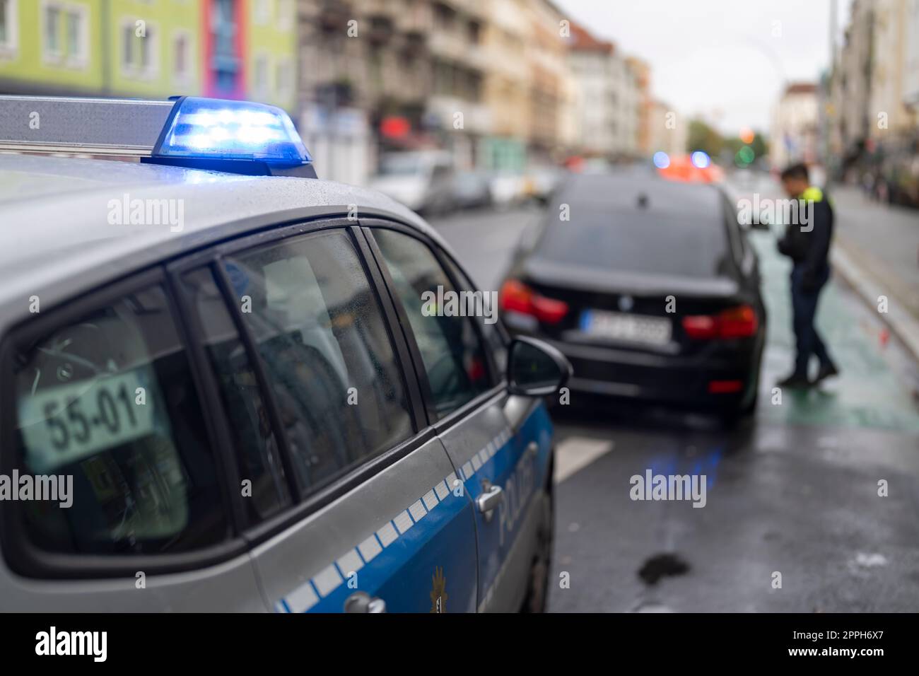 In the early hours of the morning, a passenger car hit the bollards of a bicycle path in the traffic-calmed HermannstraÃŸe (speed 30 km/h) in Berlin and suffered considerable damage to the underbody and engine compartment. The driver fled and left the veh Stock Photo
