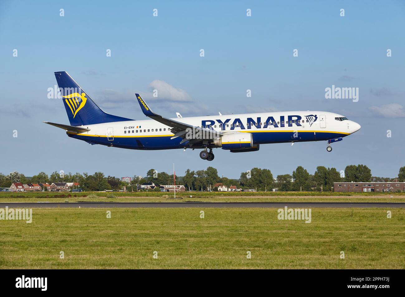 Vijfhuizen, The Netherlands - August, 20, 2022. The Boeing 737-8AS of Ryanair with the identification EI-ENV lands at Amsterdam Airport Schiphol (The Stock Photo