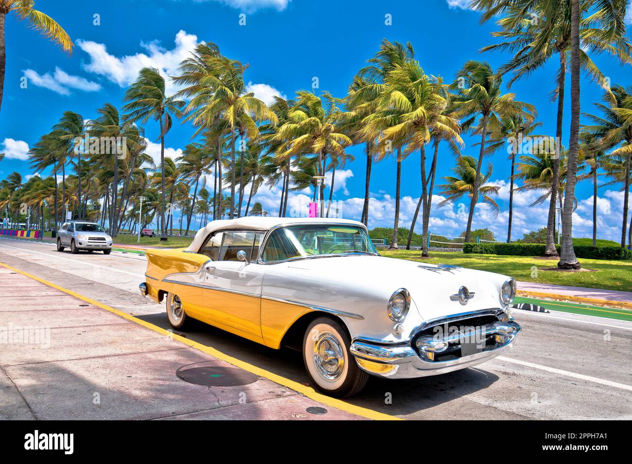 Miami South Beach Ocean Drive palms and beachfront colorful view Stock Photo