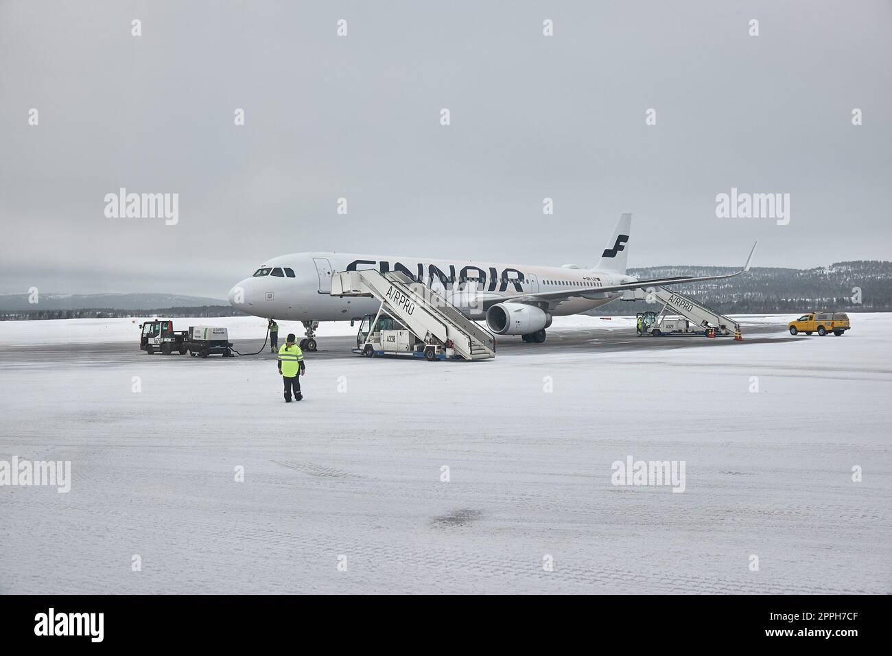 Ivalo, Finland Circa 2022 Finnair flight from Helsinki arriving at