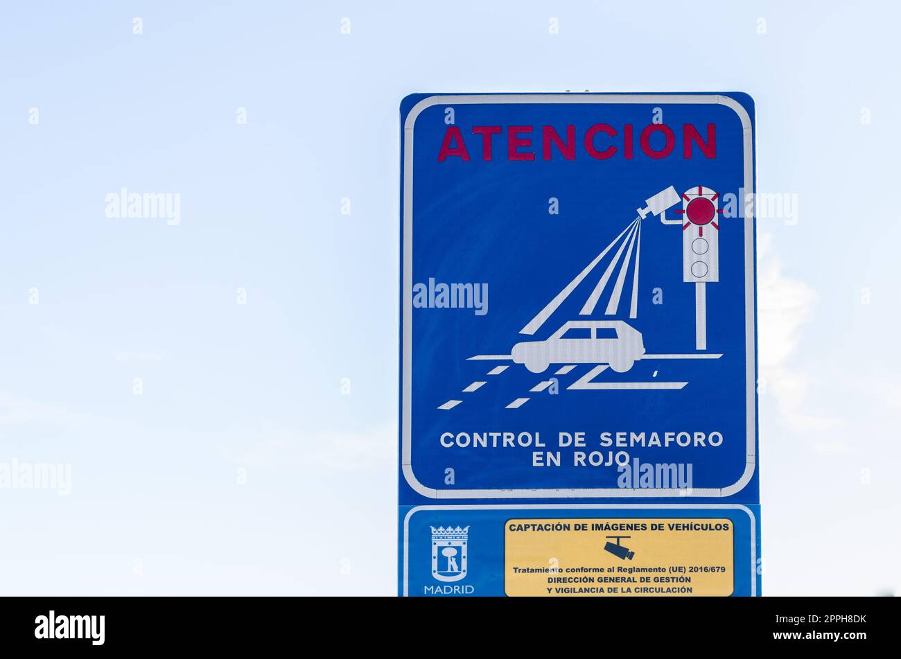 MADRID, SPAIN - SEPTEMBER 26, 2021: Road sign indicating surveillance cameras for traffic light control in Madrid, Spain Stock Photo