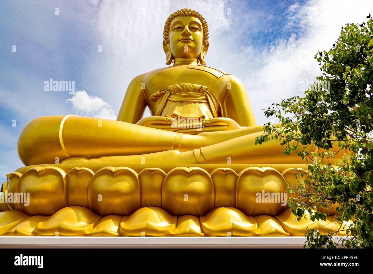 'Phra Buddha Dhammakaya Thep Mongkol' is a Big golden buddha statue made of copper, as tall as a 20-storey building (69 meters), located at Wat Paknam Bhasicharoen. Bangkok, Thailand on a sunny day Stock Photo