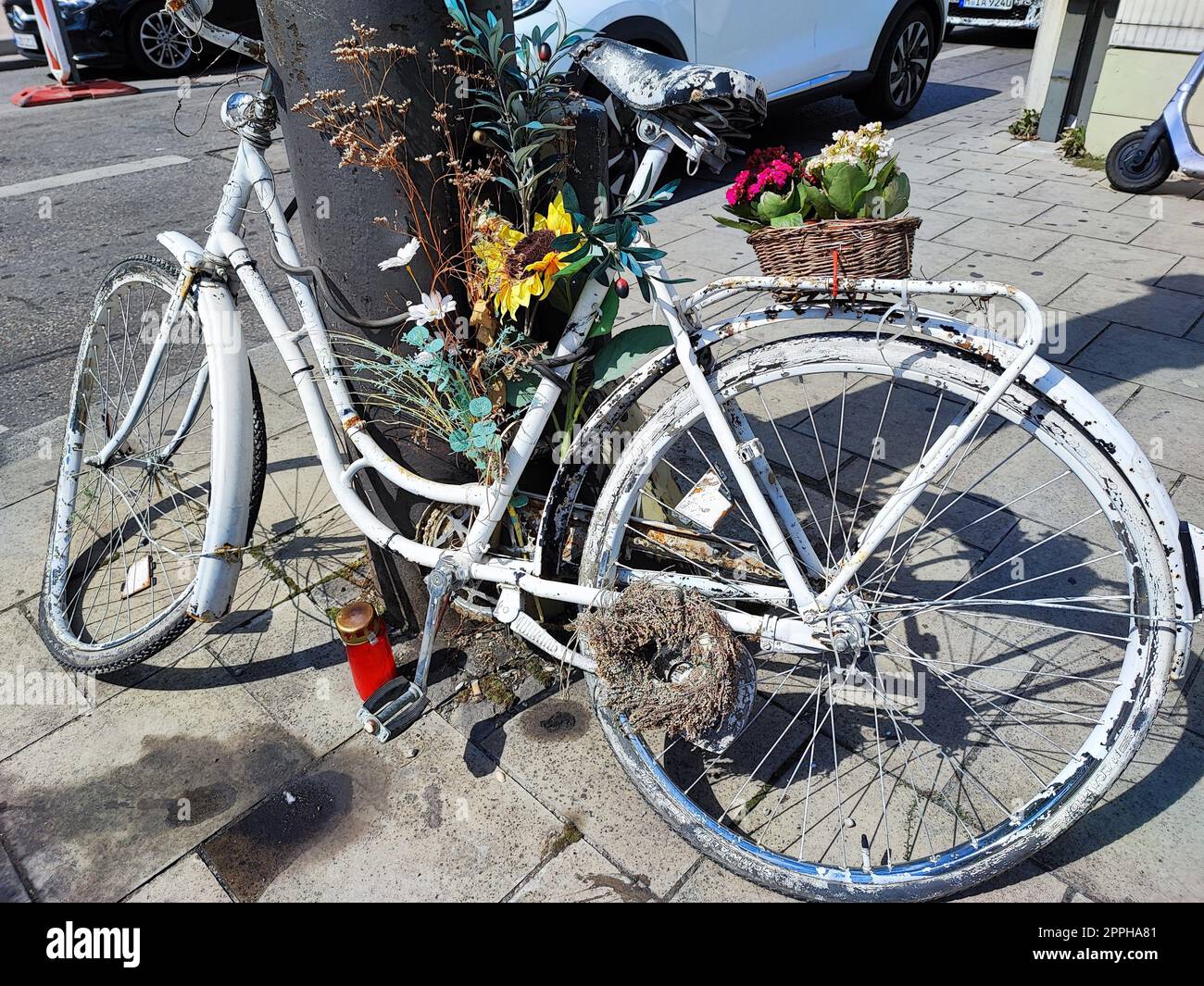 Memorial to a fatal bicycle accident on the street Stock Photo