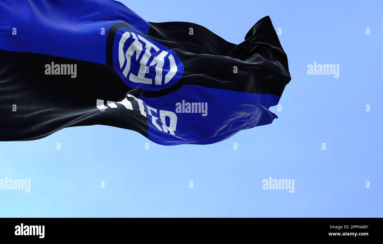 Milan, Italy, July 2022 The flag of Inter Football Club waving in the wind. Inter is a